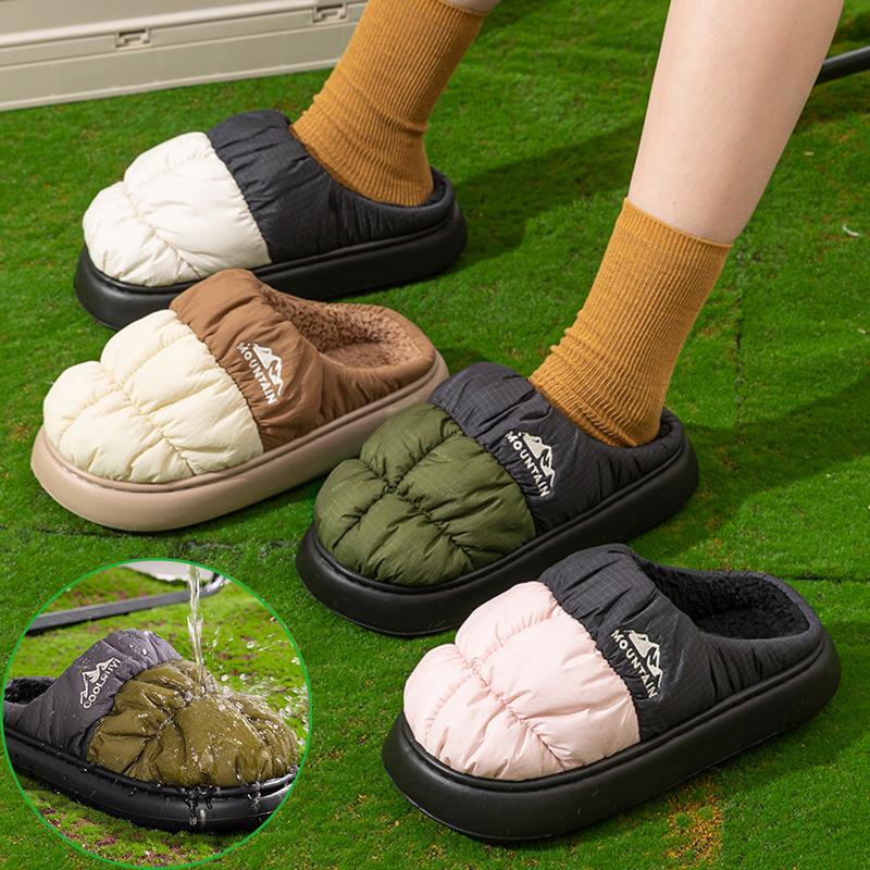 Fashion Plus Size Down Waterproof Winter Slippers Women Indoor Outdoor Plush Warm Cotton Shoes Woman Thick Sole Non Slip House Slippers