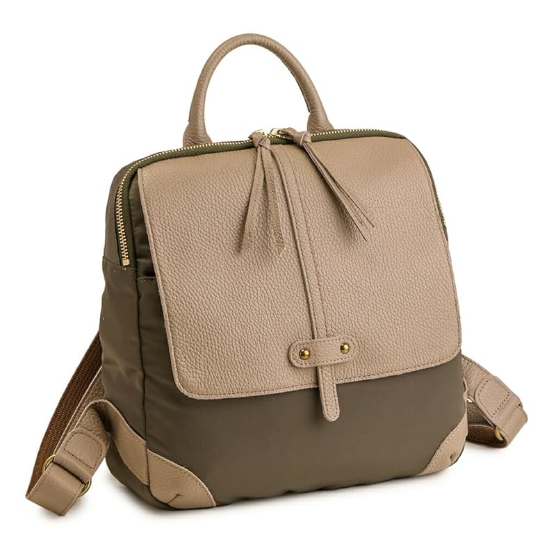 

[Sakura] made in Japan rucksack genuine leather nylon ladies light simple Smaller backpack round cowhide … (olive brown)
