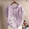 Women Shirt Short Sleeve Round Neck Buttons Decor Loose Breathable Streetwear Gothic Retro Print Summer Top