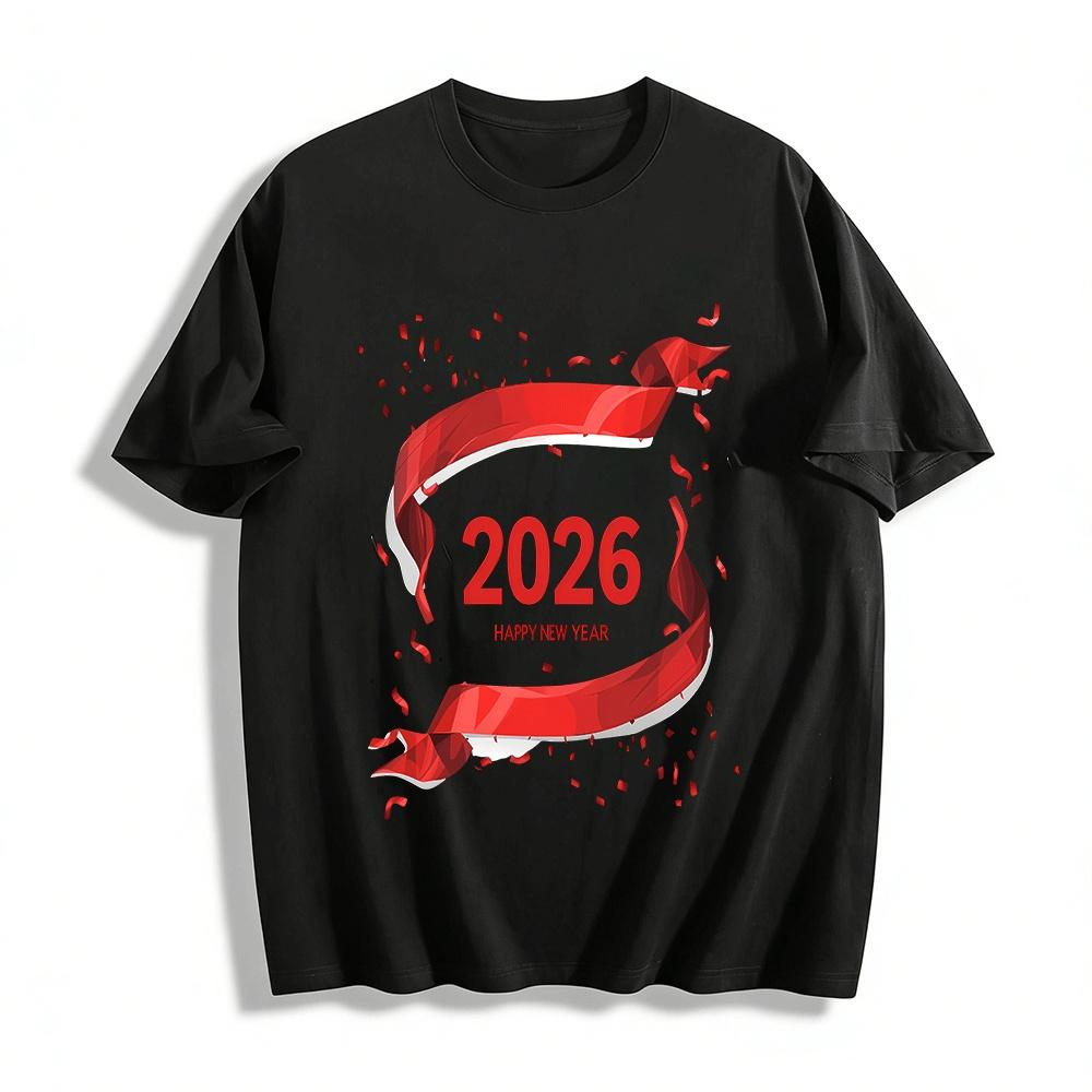 2026 Happy New Year Red Ribbon Print Casual Loose Top Pure cotton T-shirt XXS