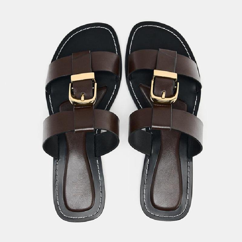 Fashion Metal Buckle Decoration Flat Sandal Women Unique Double Narrow Band Design Flats Summer Sexy Open Toe Holiday Beach Shoe
