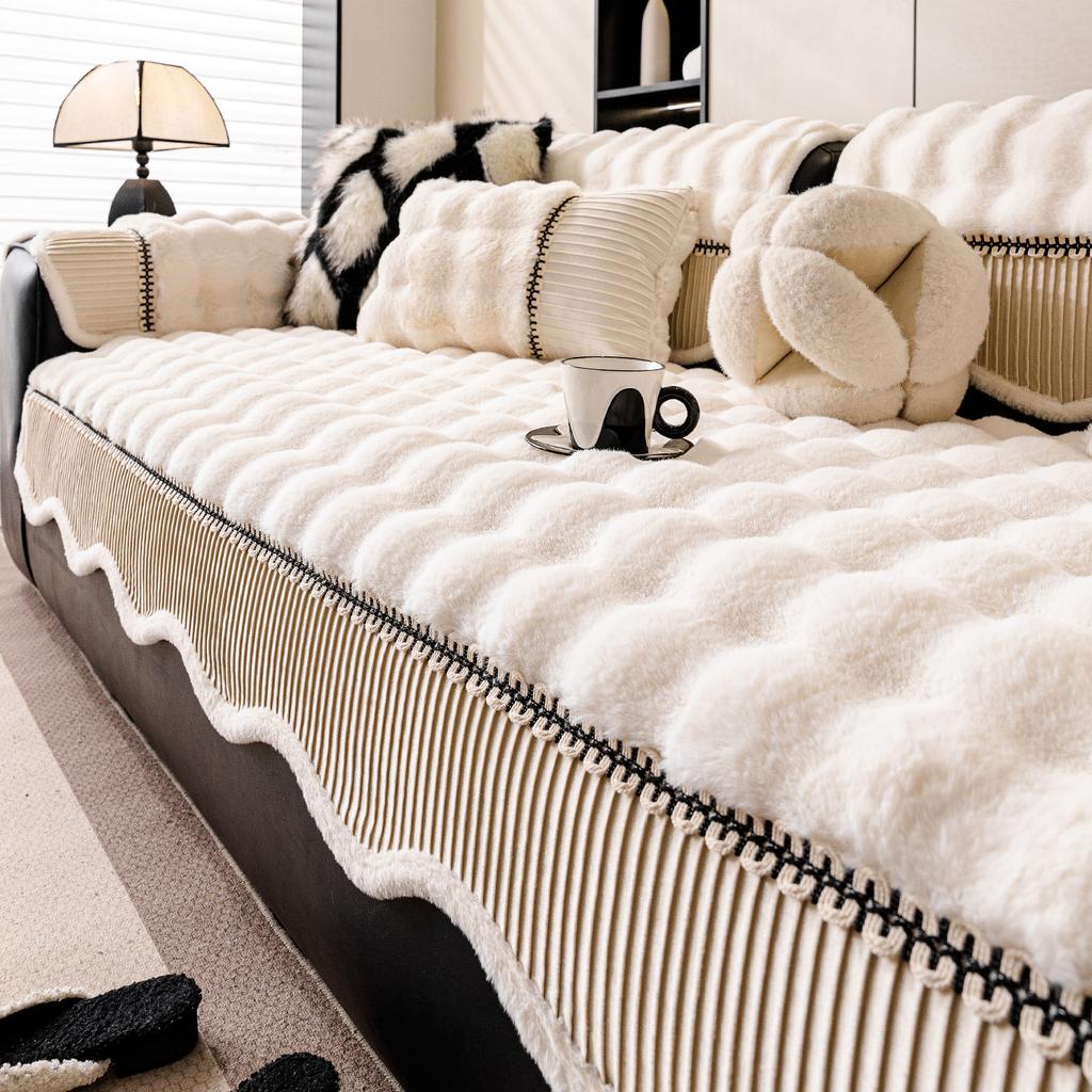 Winter High End Anti Slip Cover Cloth Irregular Thickened Plush Seat Cushion Straight Row One Piece Rabbit Plush Sofa Cushion