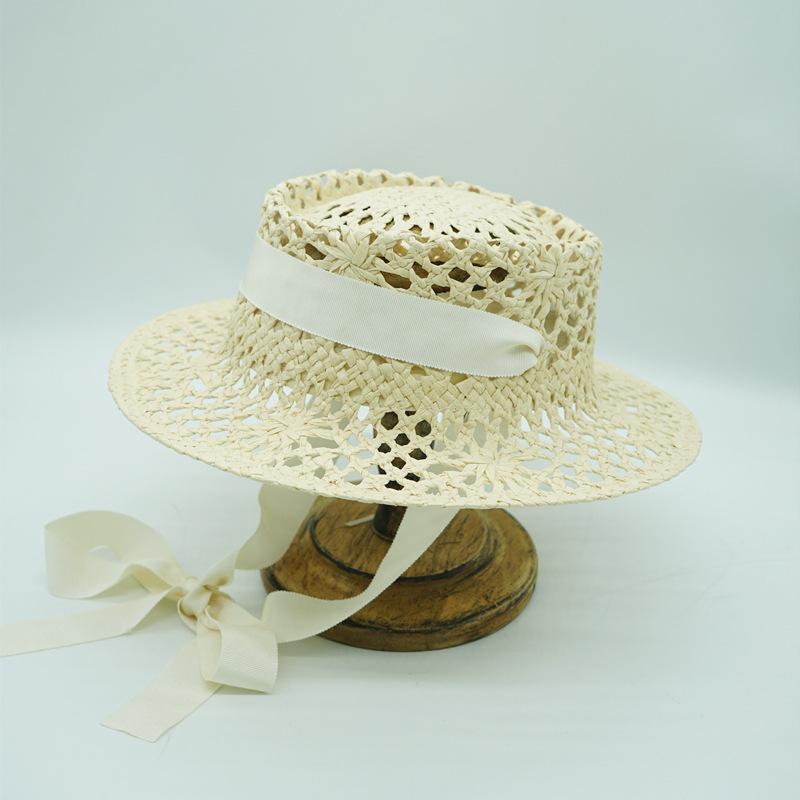 Japanese Korean Version Hollow Woven Beige Flat Top Top Top Hat Women'S Summer Sunshade Vacation Beach Straw Hat Small Fresh And Retro