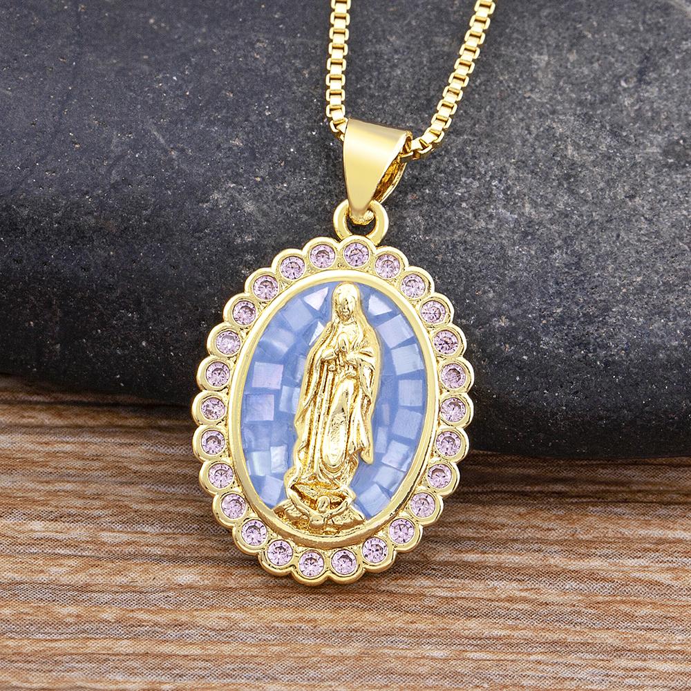 

Nidin Top Quality Geometric Virgin Mary 4 Colors Shell Rhinestone Pendant Zircon Necklace Unisex Religious Jewelry Retro Gift светло-синий