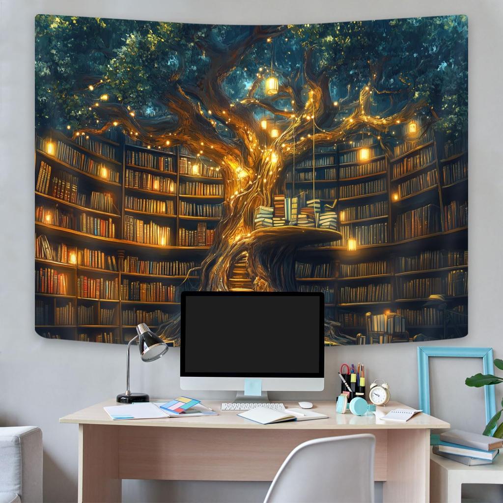 Fantasy Bibliothek Wandteppich für Klassenzimmer, Mystischer Baum Magisches Bücherregal Ästhetische Wandteppiche, Hexen Märchenbaum Vintage