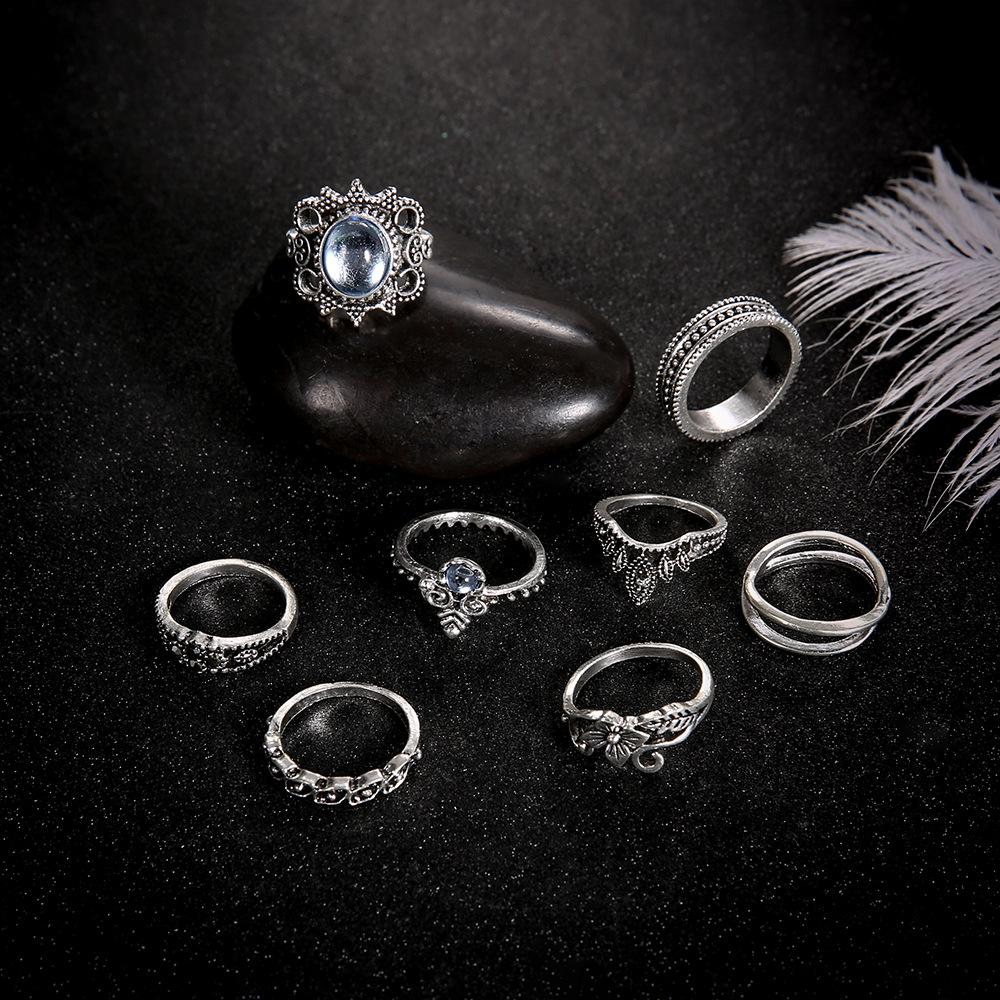 European and American vintage ethnic style lotus ring for the index finger joint8Set of gemstone rings