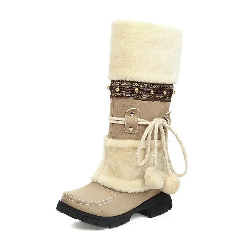 Mujer New Women Boot 2024 Winter New Medium Heel Cotton Boots Wool Ball Tall Boot Warm Student Snow Boots National Knight Boots