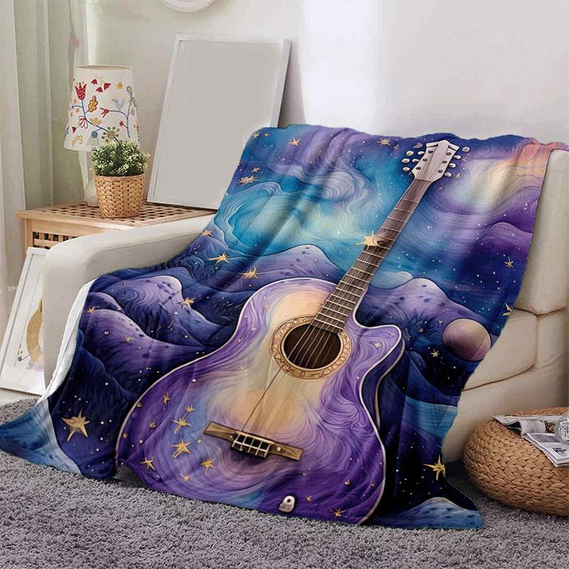 1pc Guitar Galaxy Printing Lightweight Flannel Blanket, Comfortable and Warm Blanket, for Camping Sofa Bed and Couch Office, Suitable for Gif