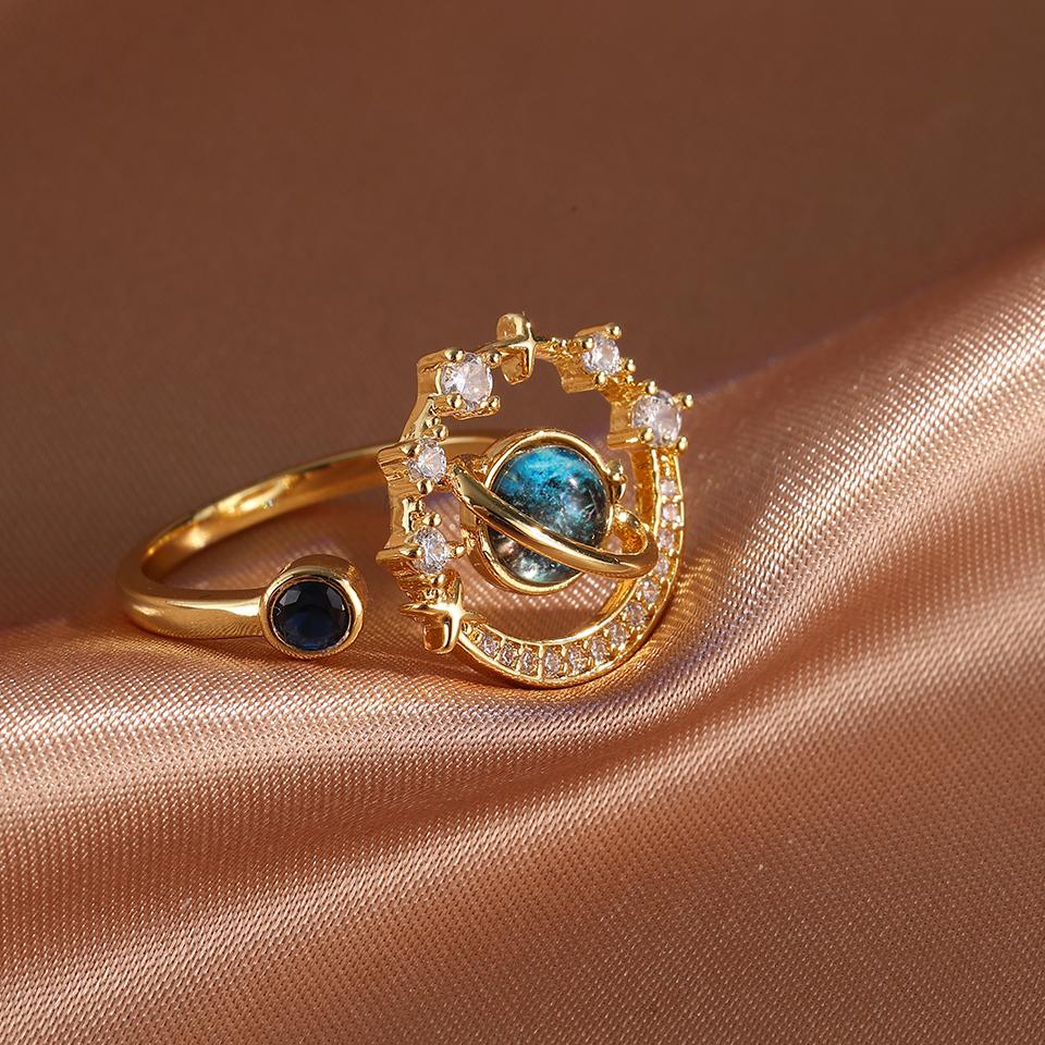 ZAKOL New Blue Planet Series Shiny Zircon Adjustable Open Ring for Women Exquisite Unique Anniversary Birthday Zircon Gift