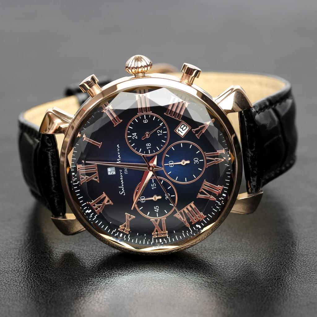 Salvatore Marra Glass Chronograph with Leather Gradient and Men's Watch, Multi-faceted Strap, Green, Blue, Black, SM19104-PGBLBK