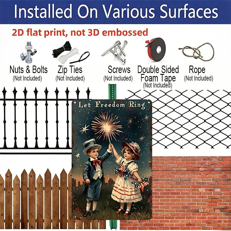 2D Flat "Let Freedom Ring" Vintage Kids Sparkler Aluminum Sign - 4th of July Wall Decor 4th of July Party, Independence Day Decor, Vintage Patriotic