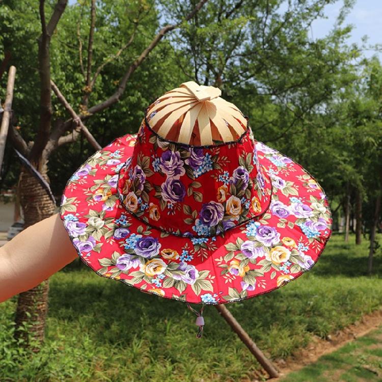 Foldable Hand Fan Sun Hat 2 In 1 Chinese Style Portable Floral Printed Handheld Fan Beach Cap Bamboo Hat