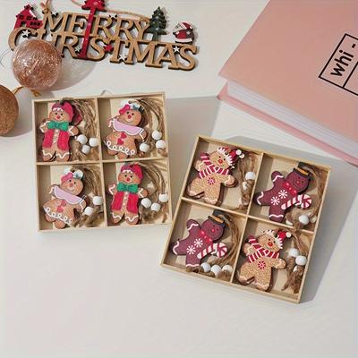 Schachtel mit 12 Stück Weihnachtsdekorationen Cartoon hängende Holz Lebkuchen Paar Puppenanhänger Weihnachtsbaumschmuck Großhandel
