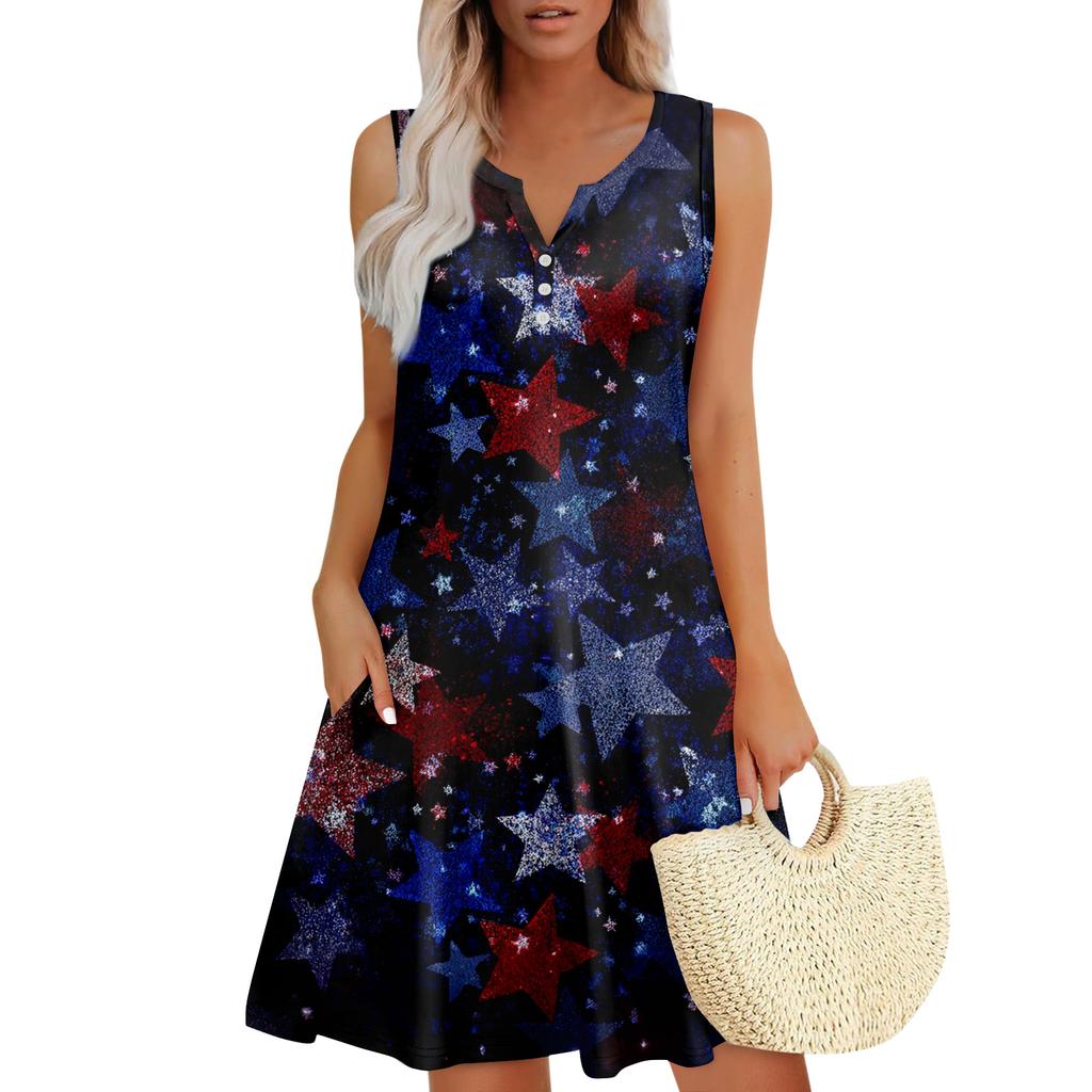 Damen Sommerkleider Lockeres V-Ausschnitt Ärmelloses Sommerkleid Kleid Mit Taschen