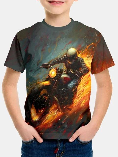 2024 Summer Kids Clothing Motorcycle Top Children's T-shirt 3d Printing Short-sleeved Boys Girls Loose Tops Streetwear T Shirts