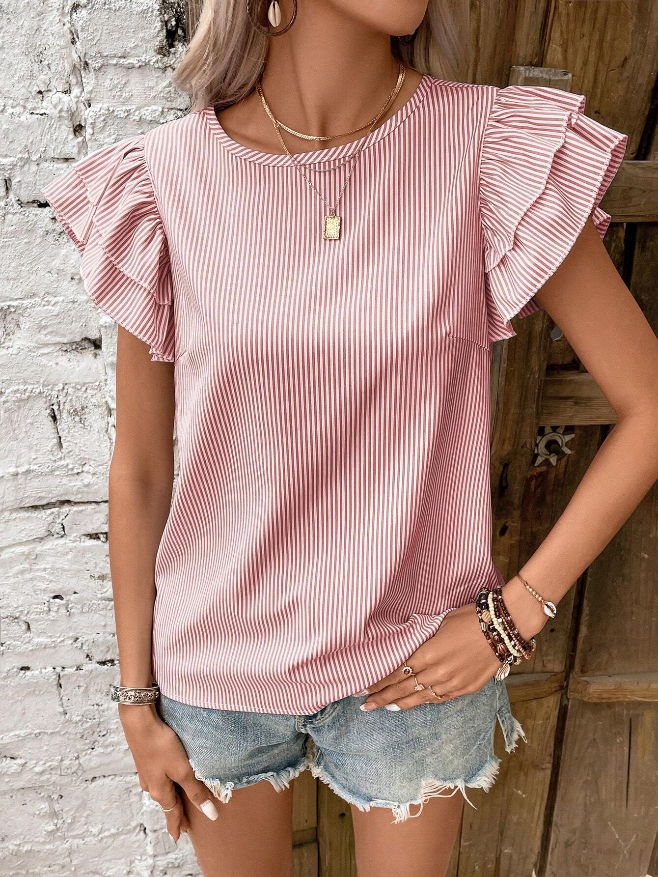 

2026 European & American Summer Women s Striped Ruffle Sleeve Top Small