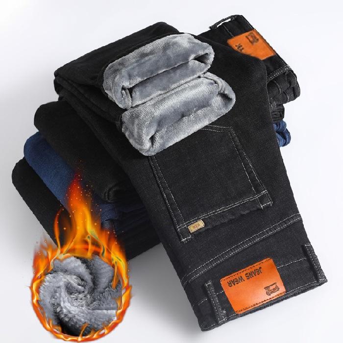 Talvised pikad püksid Meeste teksad Fliisist lahtised sirged vabaaja teksad