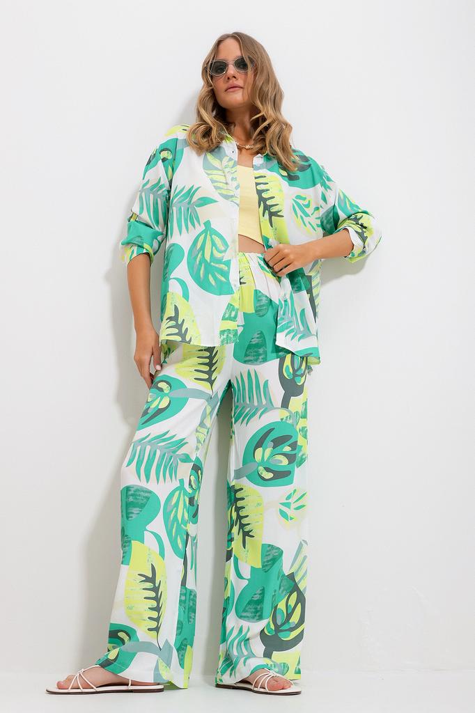 Women's Bottom-Top Set New Season Fashionable Green Patterned Shirt and Trousers Woven Bottom-Top Set