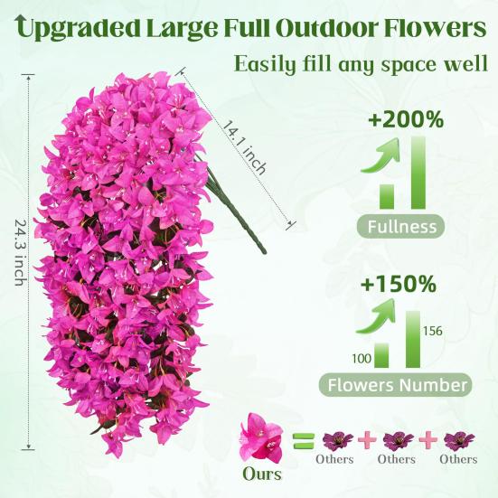 2Pcs Hanging Artificial Bougainvillea Speetabilis UV Resistant Realistic Fake Flower Wedding Party Indoor Outdoor Garden Yard Wall Hanging Faux Bloom