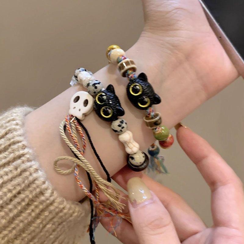 Goth Skull Cat Charm Ceramic Beads Bracelet for Women - Handmade Braided Cord