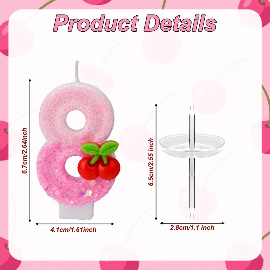 11pcs Cherry Birthday Number 0-9 Candles,Sequins Pink Cupcake Toppers Decorations for Women Girls Birthday Party Supplies Decors