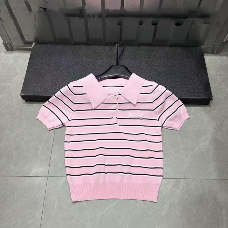 European Style Slimming Knit Polo - 26 New Spring/Summer Stripe Lapel Short Sleeve Top