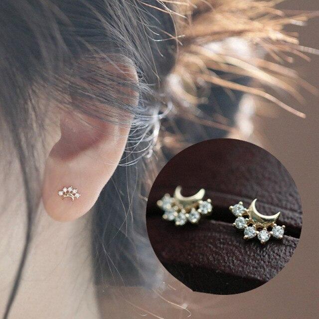 925 Sterling Silver Plating 14K Gold Plating Crystal Moon Stud Earrings Women Cute Jewelry