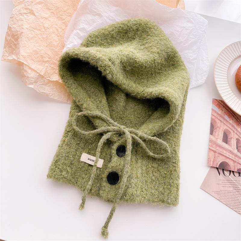 Drawstring button solid color versatile balaclava wool knitted hat winter warm and protective ear hat