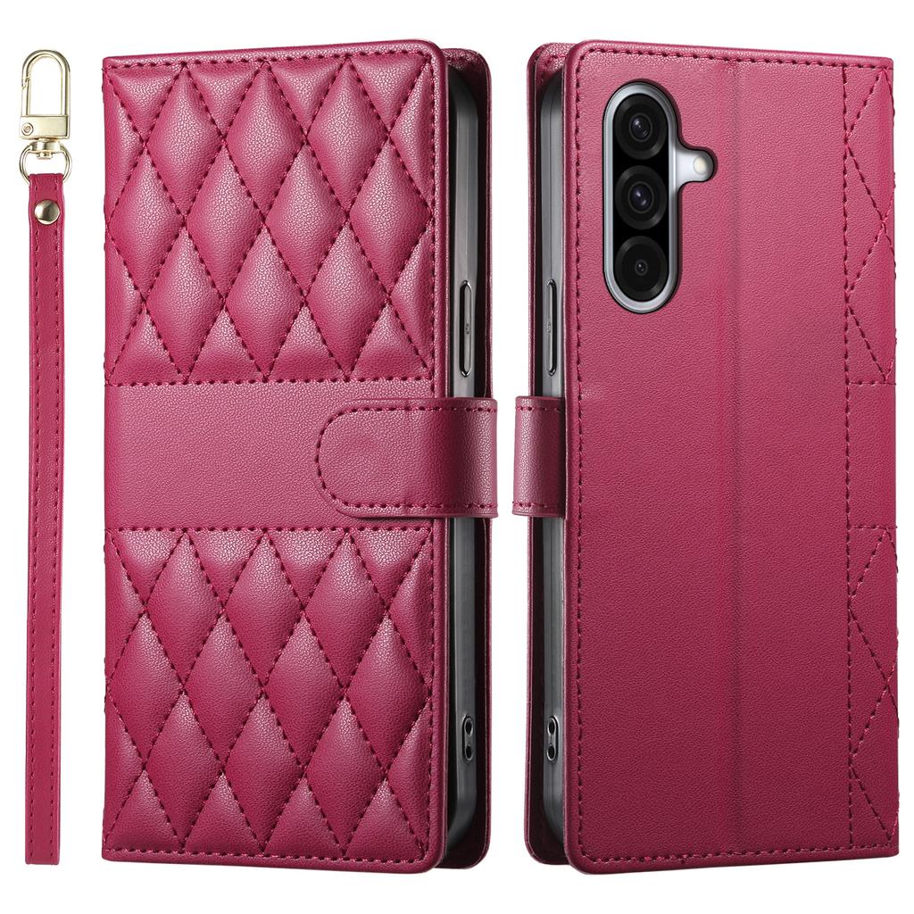 For Samsung Galaxy A56 5G Case Rhombus Stitching Wallet Stand Leather Phone Cover with Long/Short Strap