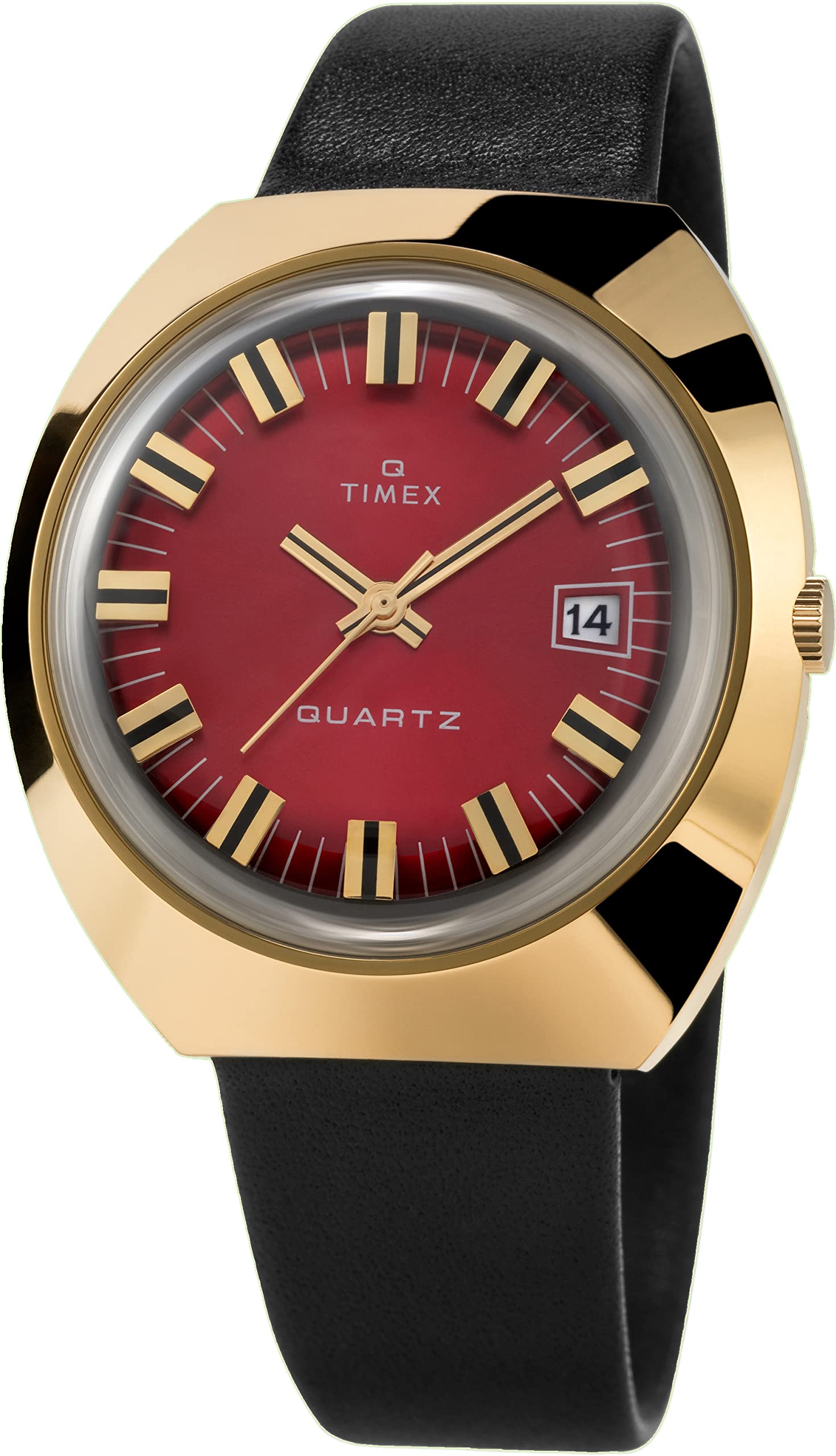 

Timex Men s Q 1972 Reissue Date 43mm Quartz Watch, Black/Gold/Burgundy. , modern