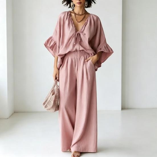 Conjuntos de Verano de 2 Piezas para Mujer, Top con Volantes de Media Manga y Cuello en V a Juego con Pantalones de Pierna Ancha, Conjuntos de Salón para Vacaciones con Bolsillos