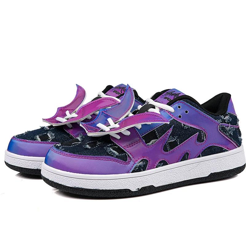 

2025 модные фиолетовые дизайнерские кроссовки на платформе для мужчин и женщин, обувь в стиле аниме, блестящая кожа, унисекс, низкие кроссовки для скейтбординга, мужские кроссовки 37