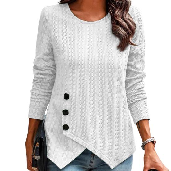Femmes printemps haut Jacquard bouton décoration ourlet irrégulier côtelé col rond chaud manches longues doux dame printemps pull femme vêtements