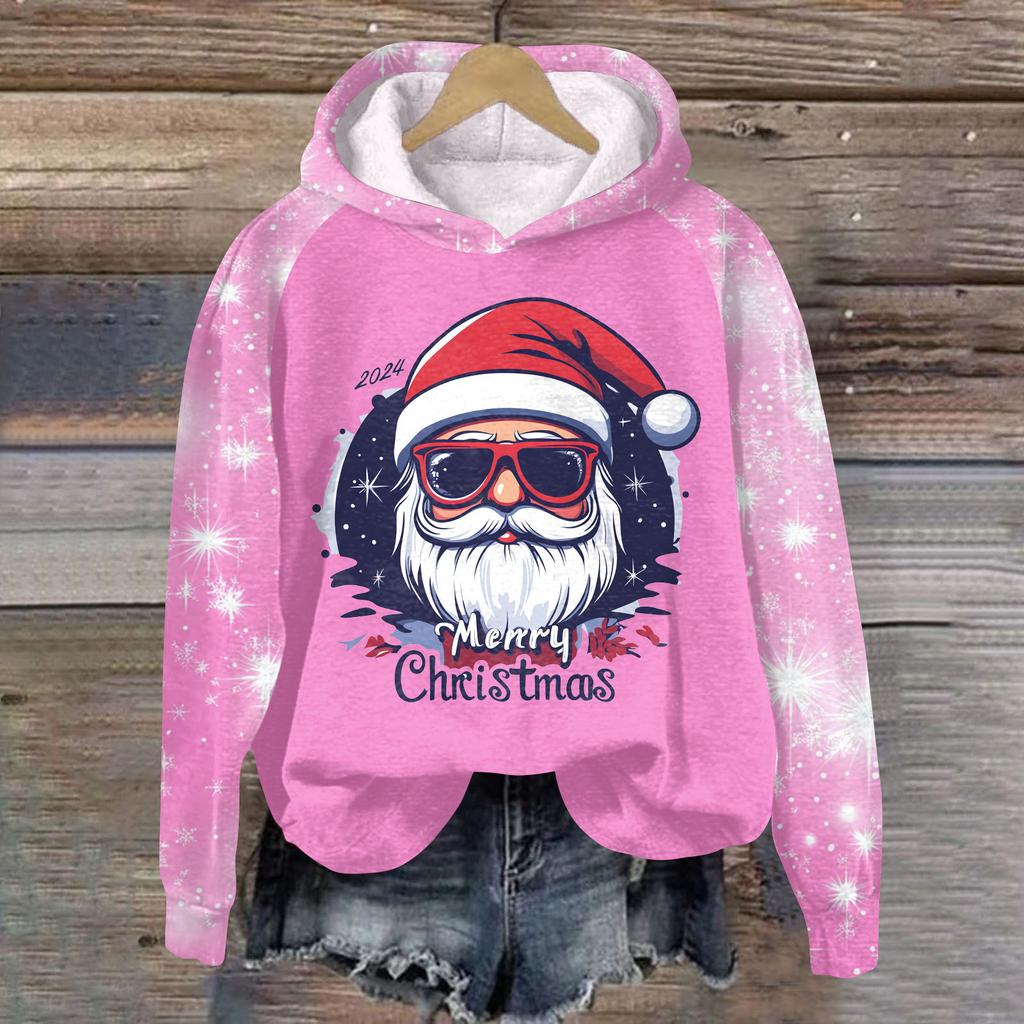 Women's Fashion Casual Pullover Plug Sleeve Christmas Printed Hooded Sweatshirt