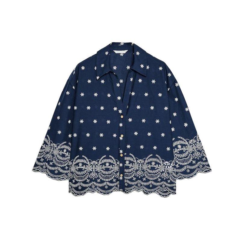 

Вышитые повседневные брюки с высокой талией и широкими штанинами 3584837 Принт Вышитые Трендовые Повседневные Рубашки 2435837 Blue Tops L