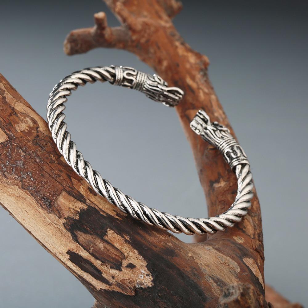 Kinitial Herren Nordischer Wikinger Drachen Armreif Antiker Schmuck Silberfarben Bronze Offener Manschettenarmreif Skandinavische Kostümzubehör