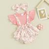 Infant Girl Romper Rib Knit Patchwork Floral Print Fly Sleeve Ruffles Jumpsuits Newborn Clothes Baby Bodysuits with Headband