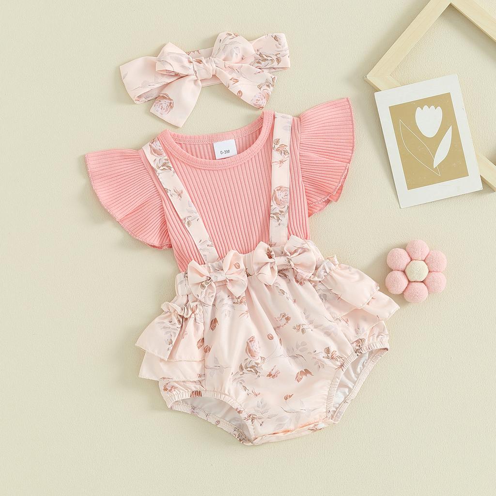 Infant Girl Romper Rib Knit Patchwork Floral Print Fly Sleeve Ruffles Jumpsuits Newborn Clothes Baby Bodysuits with Headband