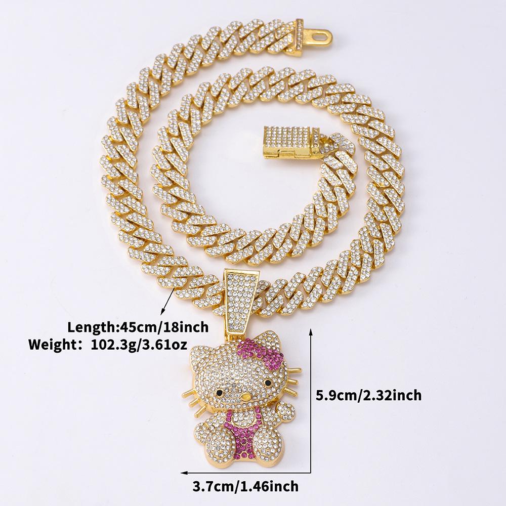 3D Animal Cat Pendant Cuban Chain Necklace with Full Diamond Zinc Alloy and Drip Oil Finish for Hip Hop Enthusiasts