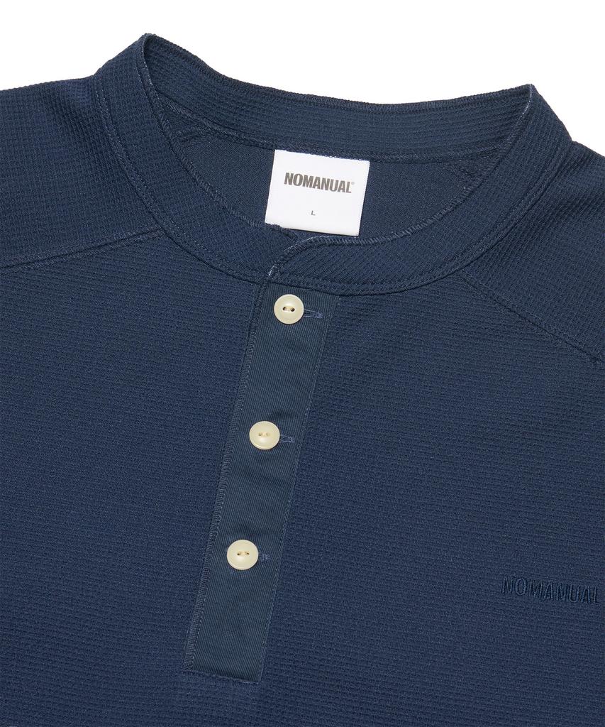 NOMANUAL Nm Henley Neck Waffle Long Sleeve Tee - Dark Navy