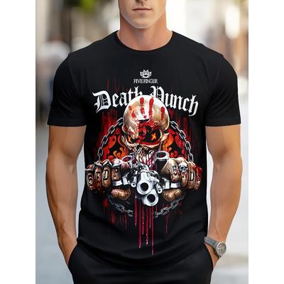 Europäische Größen Herren Grafik-T-Shirt - Edgy Totenkopf & Ketten Design mit "Death Punch" Text - Schwarzes Regular Fit Kurzarm-T-Shirt für Sommer Streetwear