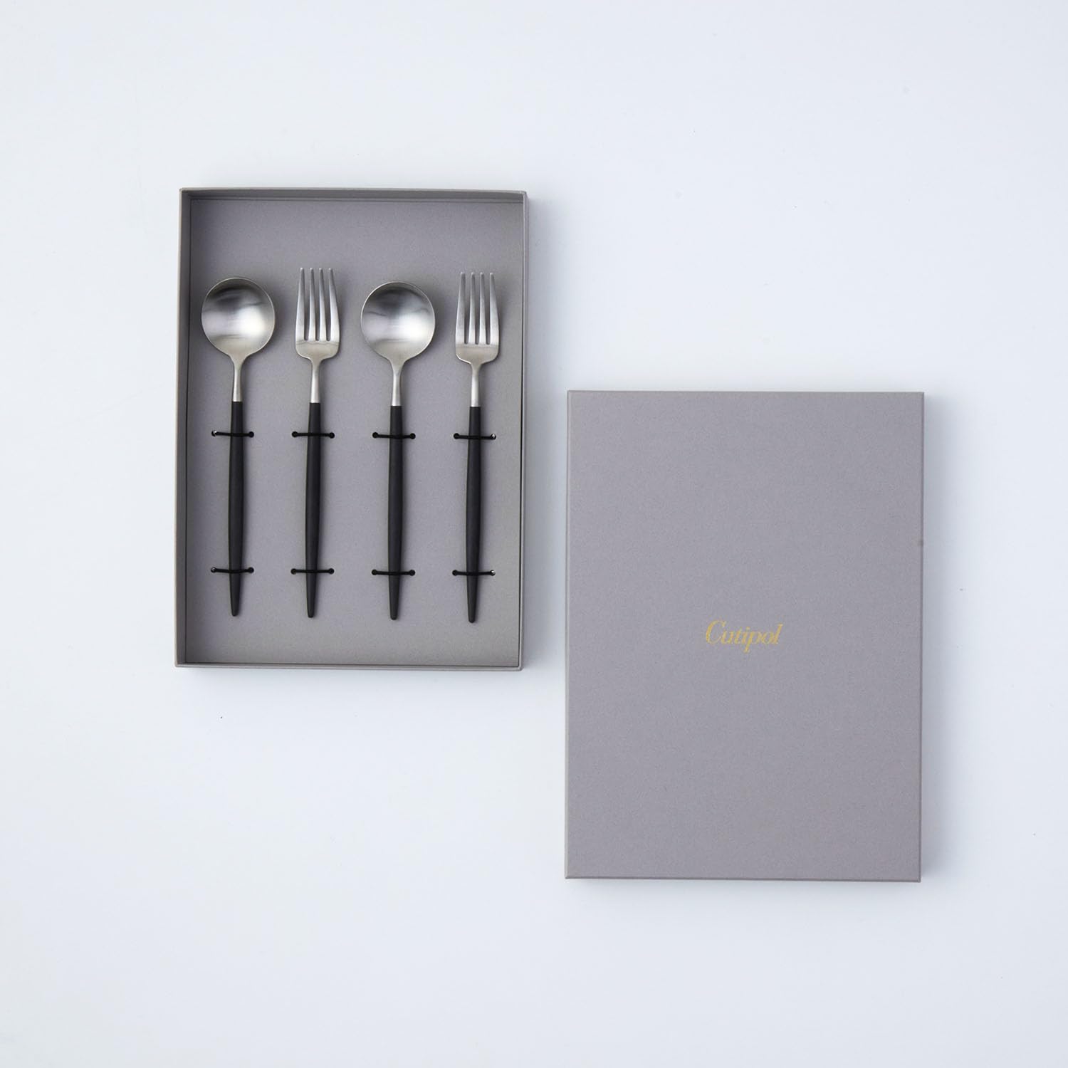 [Authentic] Cutipol GOA Black Silver Dessert Fork and Spoon Set of 4 (Gray Box)