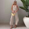 European and American khaki design women's clothing set, sleeveless waist hanging neck top, high waist hanging wide-leg pants two-piece set