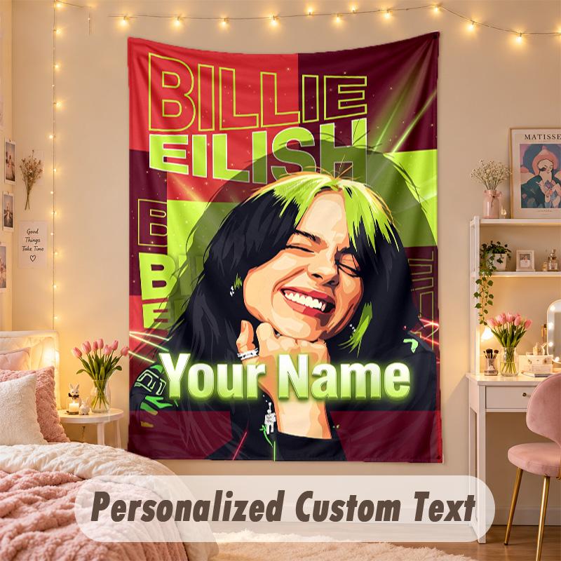 Benutzerdefinierte Personalisierte Wandteppich, Billie Eilish Druck Benutzerdefinierter Text Name Wandkunst Hängend für Schlafzimmer