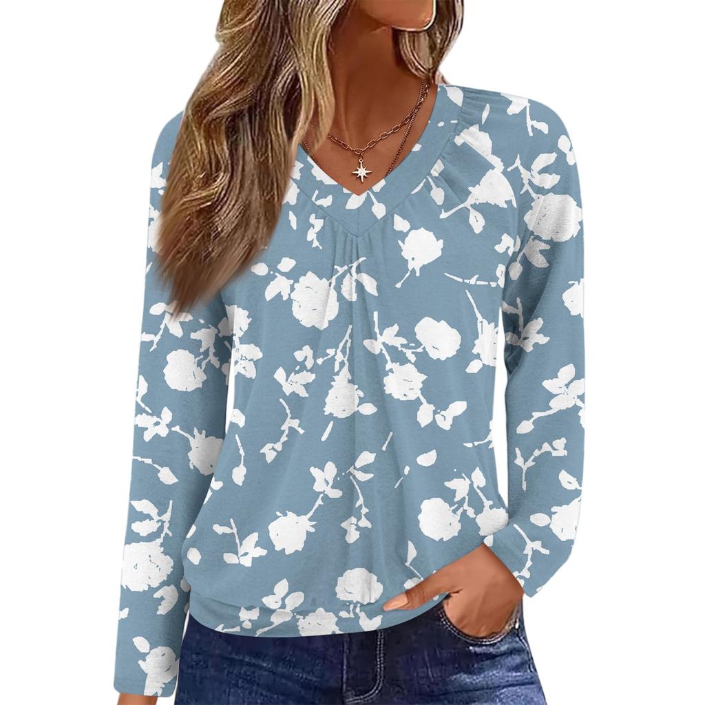 Women's Casual Fashion V-Neck Raglan Pleated Floral Print Long Sleeve Top