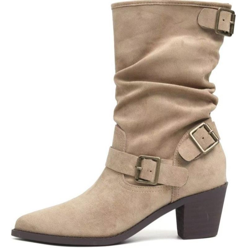 Pointed thick heel temperament short boots women's new belt buckle Martin boots temperament medium tube stack boots