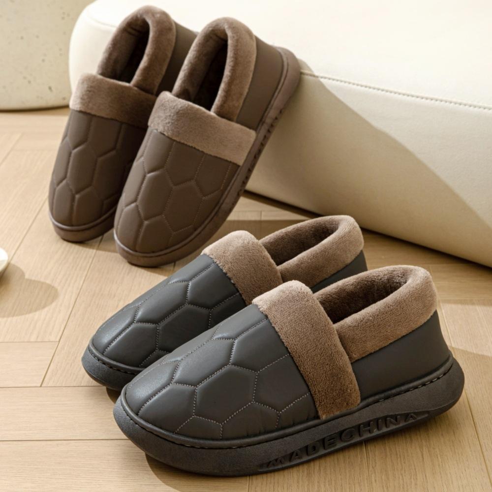 Fashion Men Big Size 50 Winter Slippers Home PU Leather Shoes for Men Indoor Waterproof Fur Cotton Male Bedroom Slipper Flat Houseshoes