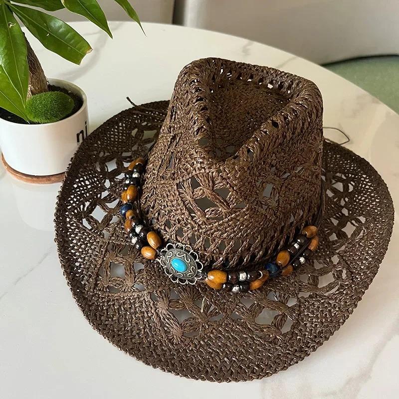 1Pc Summer Bohemian Shell Straw Hat Beach Women Men Cowboy Hats Wooden Beads Hollow Out Western Wide Brim Sun Hat Holiday Cap