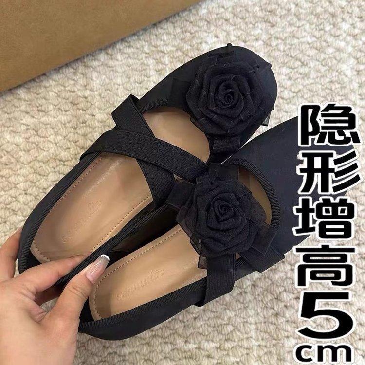 

French gentle ballet style girl single shoes soft sole retro camellia princess round head small fragrant style 5cm height increase 35 чёрный