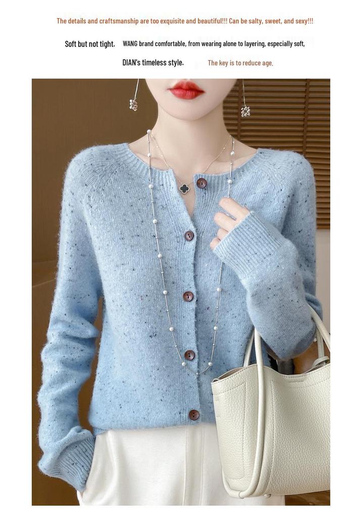 Women's 100% Pure Wool Round Neck Cardigan Sweater - Autumn/Winter Korean Style Knit Outerwear